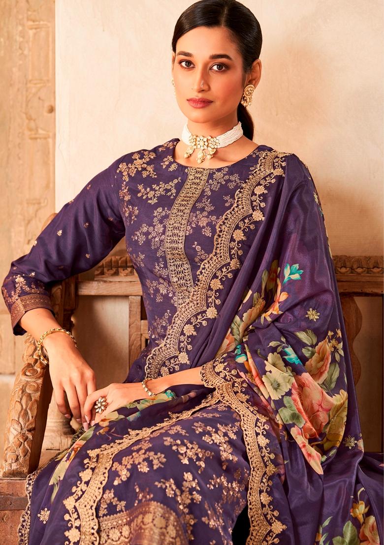 Purple Woven Viscose Salwar Kameez With Dupatta