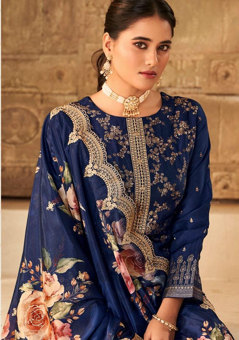 Blue Woven Viscose Salwar Kameez With Dupatta