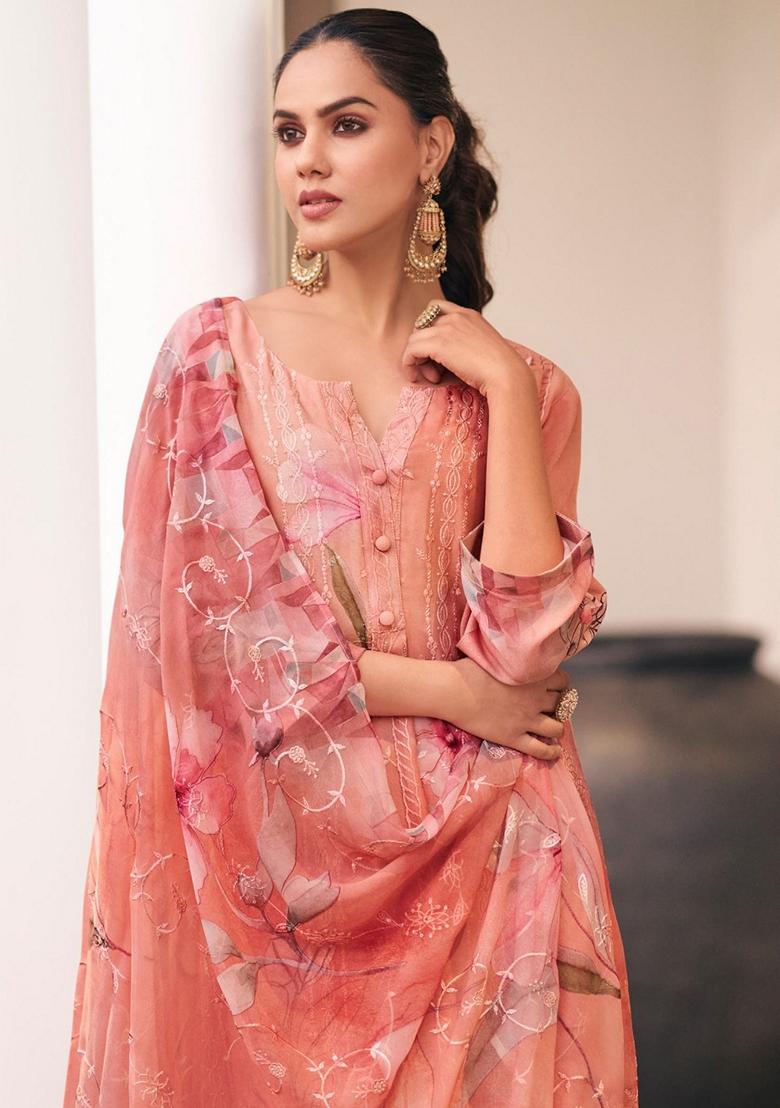 Peach Embroidered Georgette Salwar Kameez With Dupatta