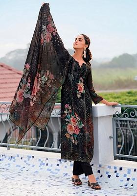 Black Embroidered Georgette Salwar Kameez With Dupatta