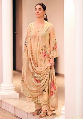 Beige Embroidered Georgette Salwar Kameez With Dupatta