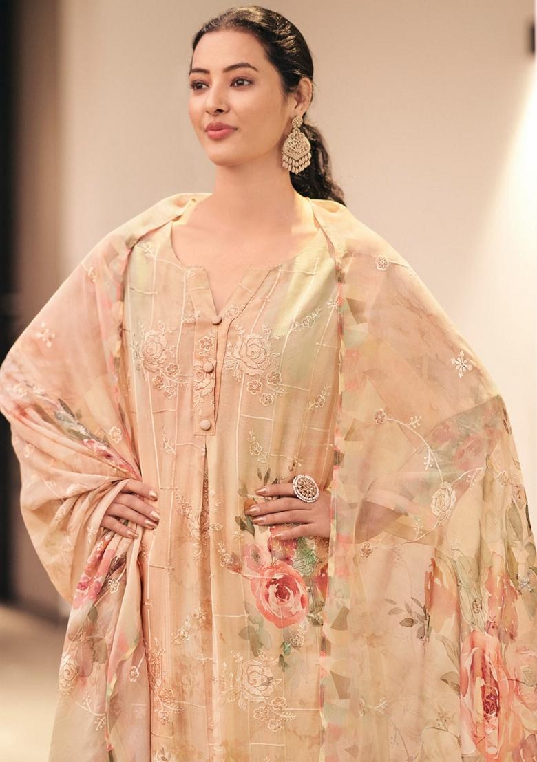 Beige Embroidered Georgette Salwar Kameez With Dupatta