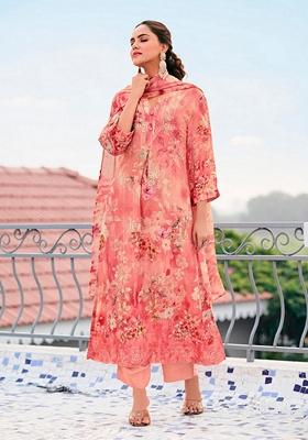 Salmon Orange Embroidered Georgette Salwar Kameez With Dupatta