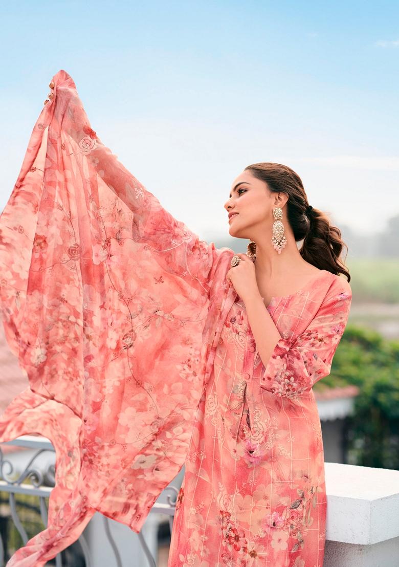 Salmon Orange Embroidered Georgette Salwar Kameez With Dupatta