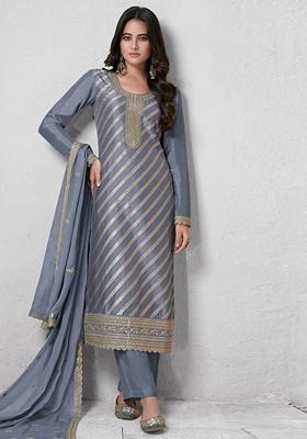 Grey Embroidered Art Silk Salwar Kameez With Dupatta