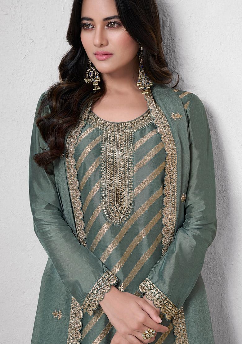 Green Embroidered Art Silk Salwar Kameez With Dupatta