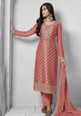 Pink Embroidered Art Silk Salwar Kameez With Dupatta