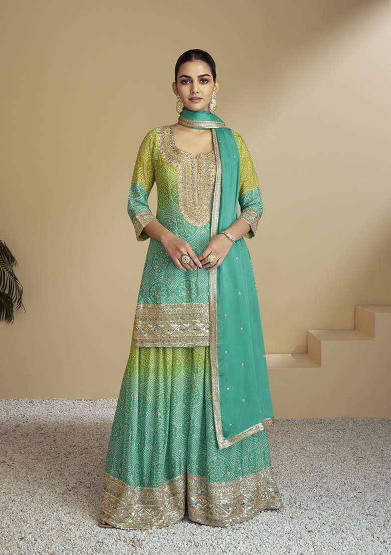 Sea Green Embroidered Silk Sharara Set - Indya