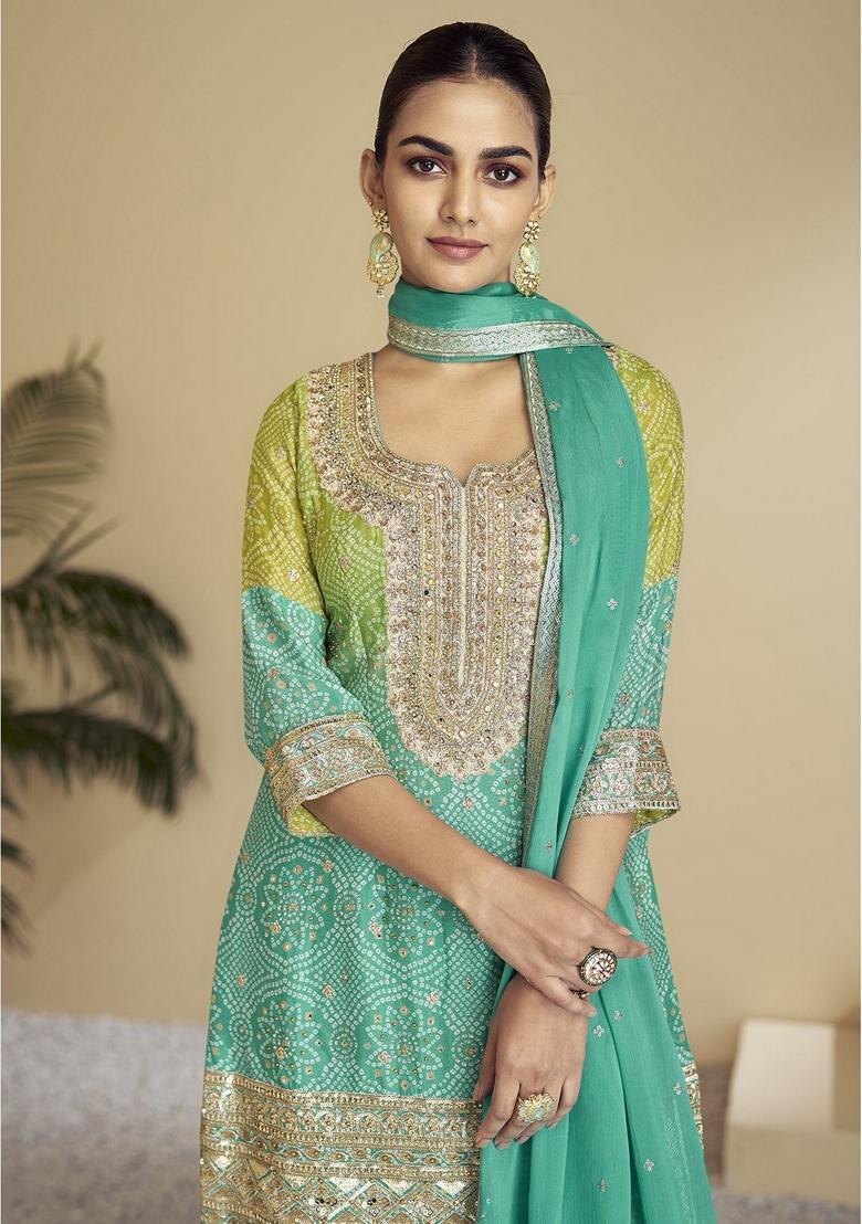 Sea Green Embroidered Art Silk Palazzo Set With Dupatta