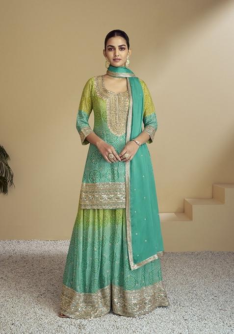 Sea Green Embroidered Art Silk Palazzo Set With Dupatta