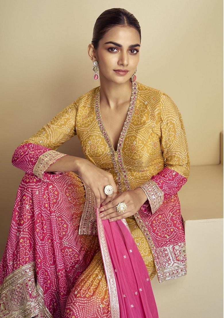 Mustard Yellow Embroidered Art Silk Palazzo Set With Dupatta