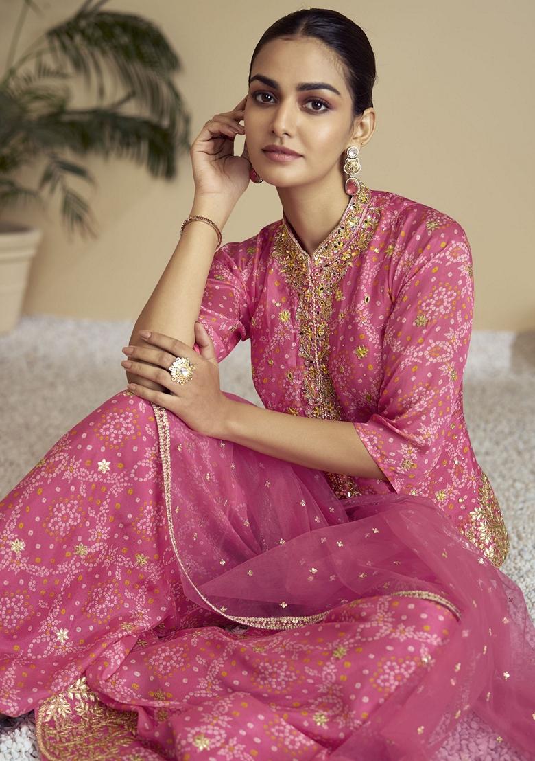 Pink Embroidered Art Silk Palazzo Set With Dupatta