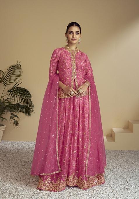 Pink Embroidered Art Silk Palazzo Set With Dupatta