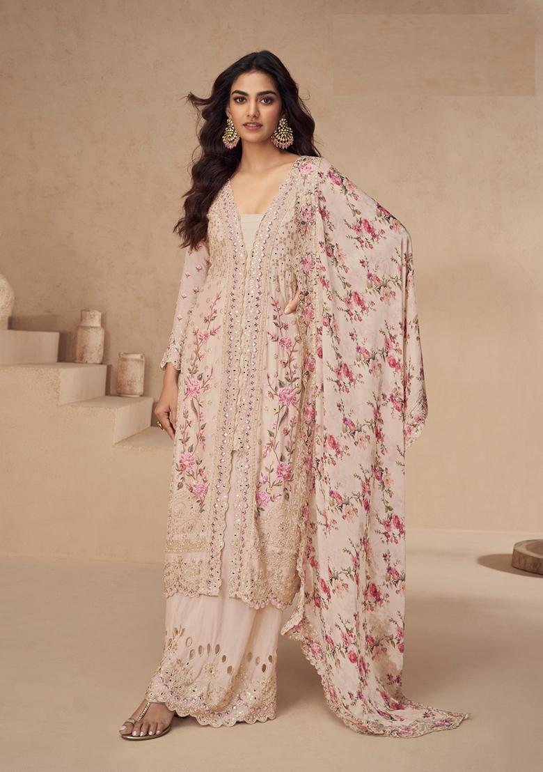 Peach Embroidered Art Silk Palazzo Set With Dupatta