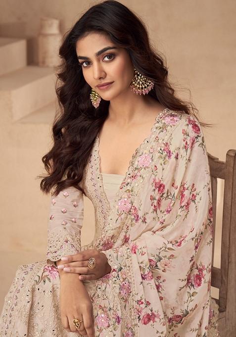 Peach Embroidered Art Silk Palazzo Set With Dupatta