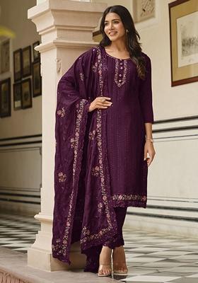 Wine Embroidered Art Silk Salwar Kameez With Dupatta