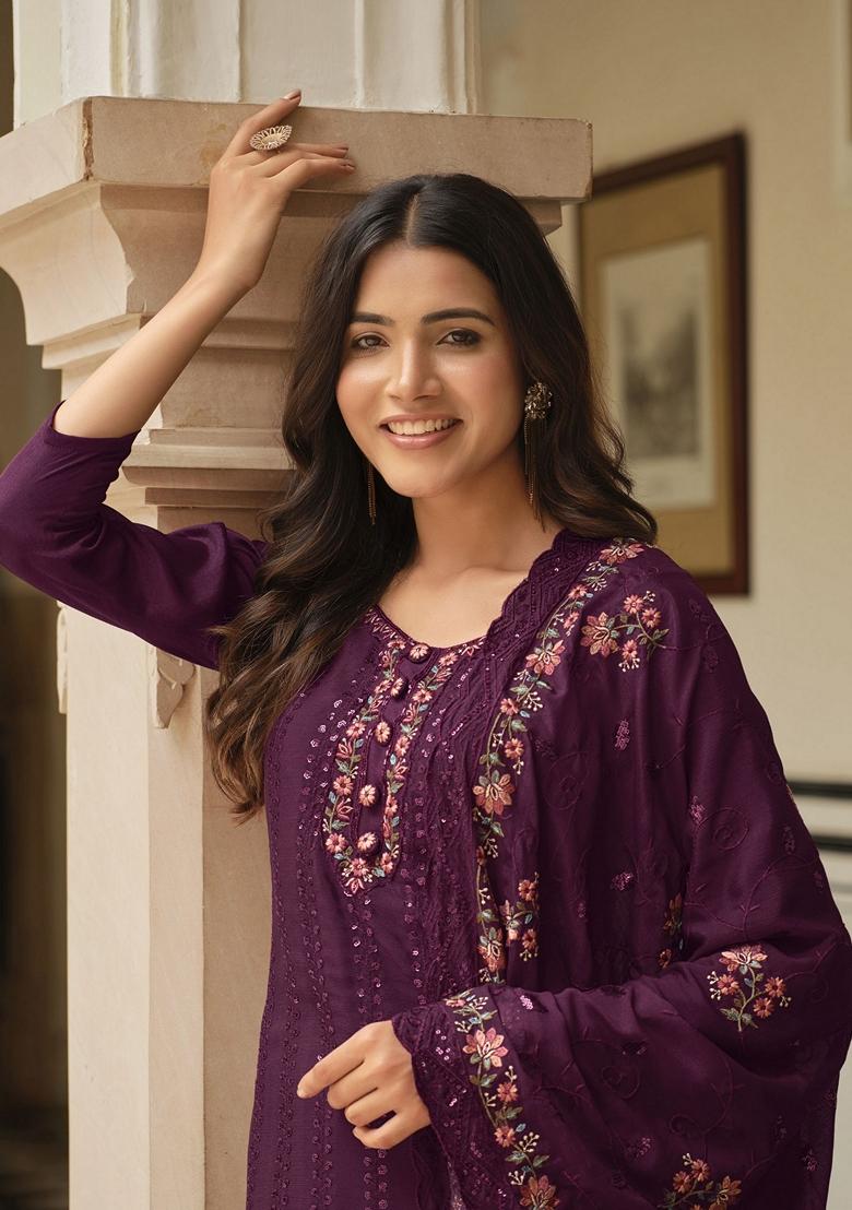 Wine Embroidered Art Silk Salwar Kameez With Dupatta