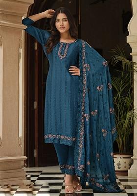 Teal Blue Embroidered Art Silk Salwar Kameez With Dupatta