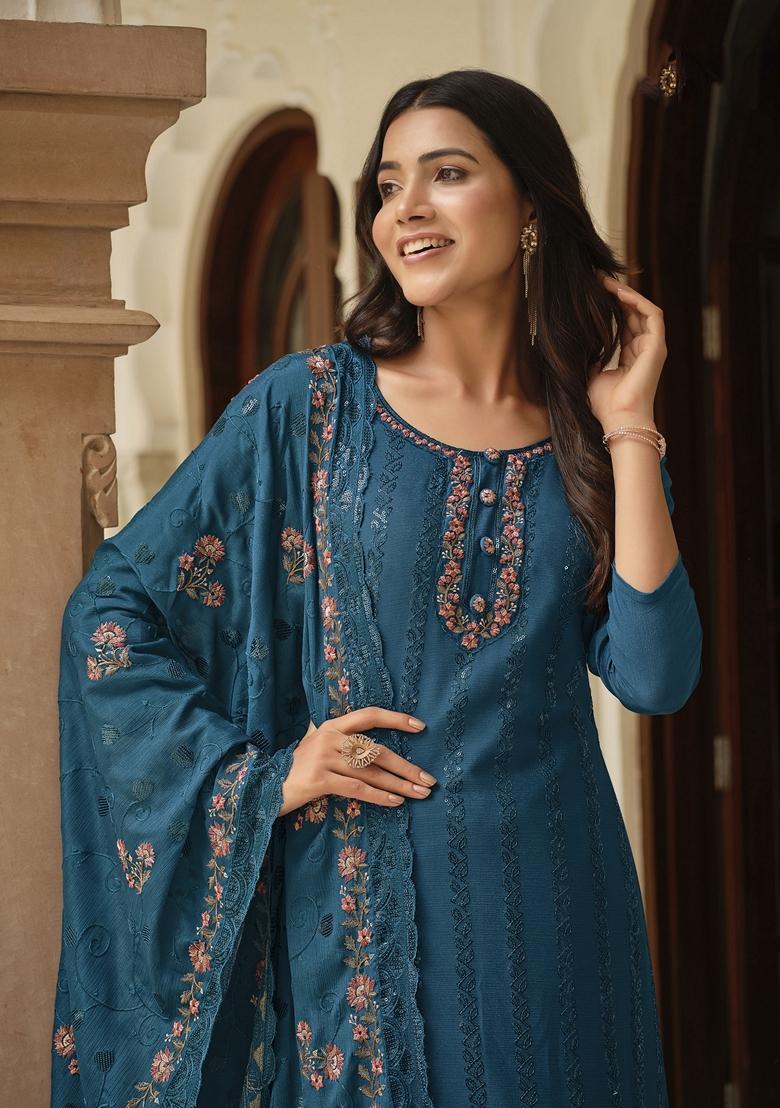 Teal Blue Embroidered Art Silk Salwar Kameez With Dupatta