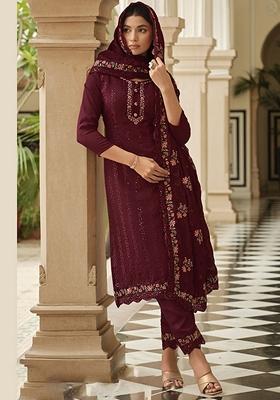 Maroon Embroidered Art Silk Salwar Kameez With Dupatta