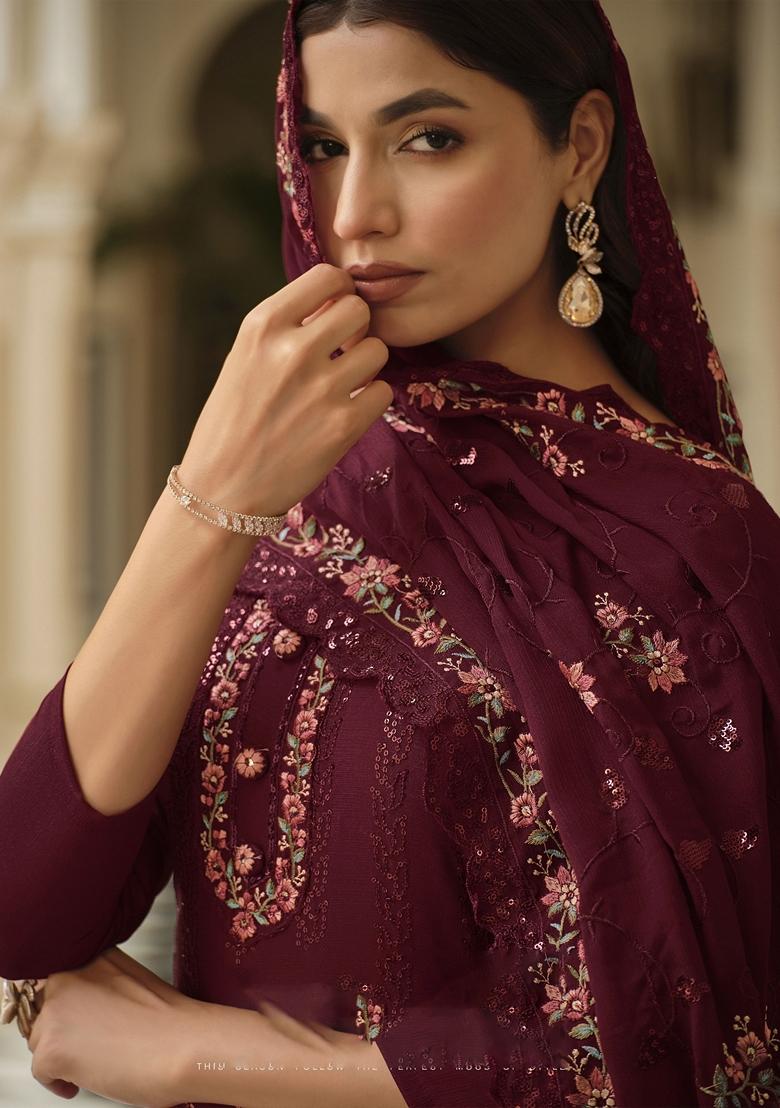 Maroon Embroidered Art Silk Salwar Kameez With Dupatta
