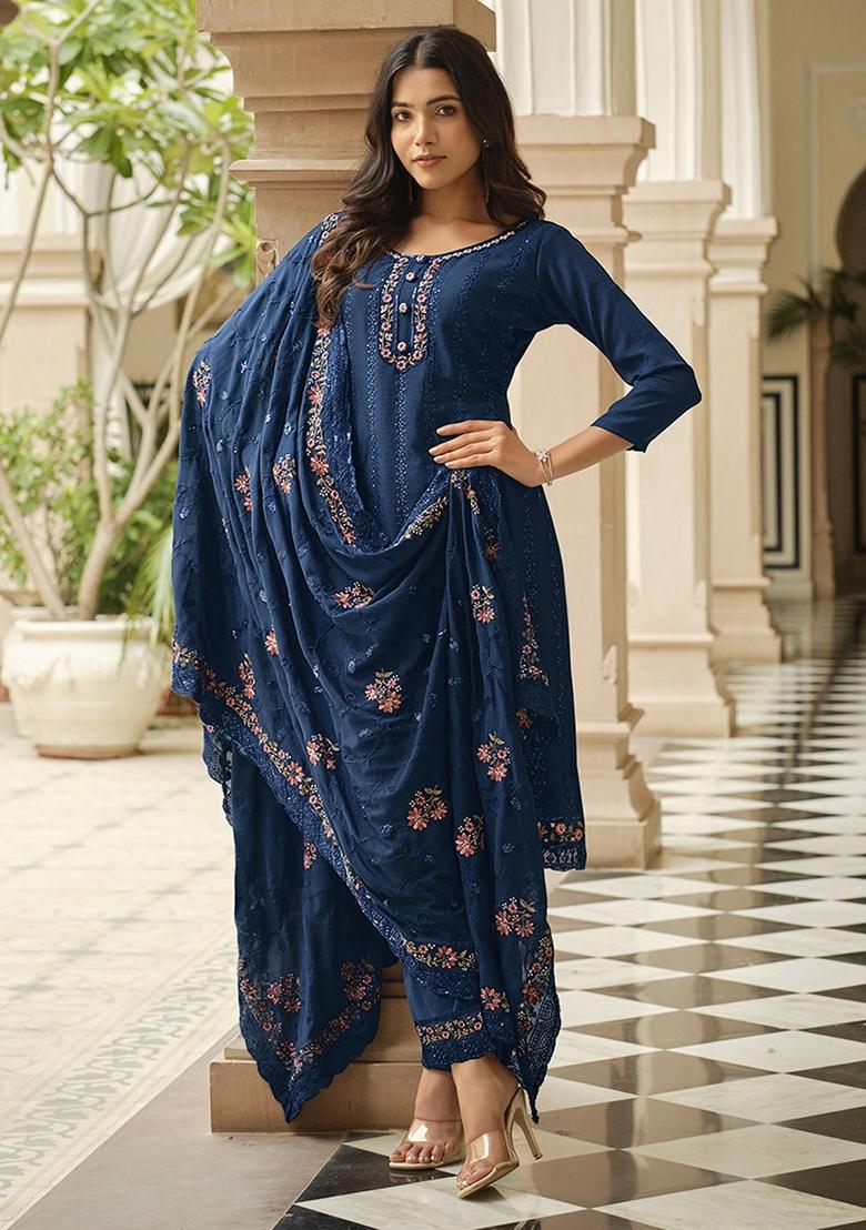 Blue Embroidered Art Silk Salwar Kameez With Dupatta