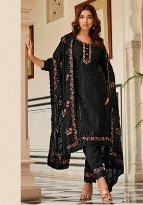 Black Embroidered Art Silk Salwar Kameez With Dupatta