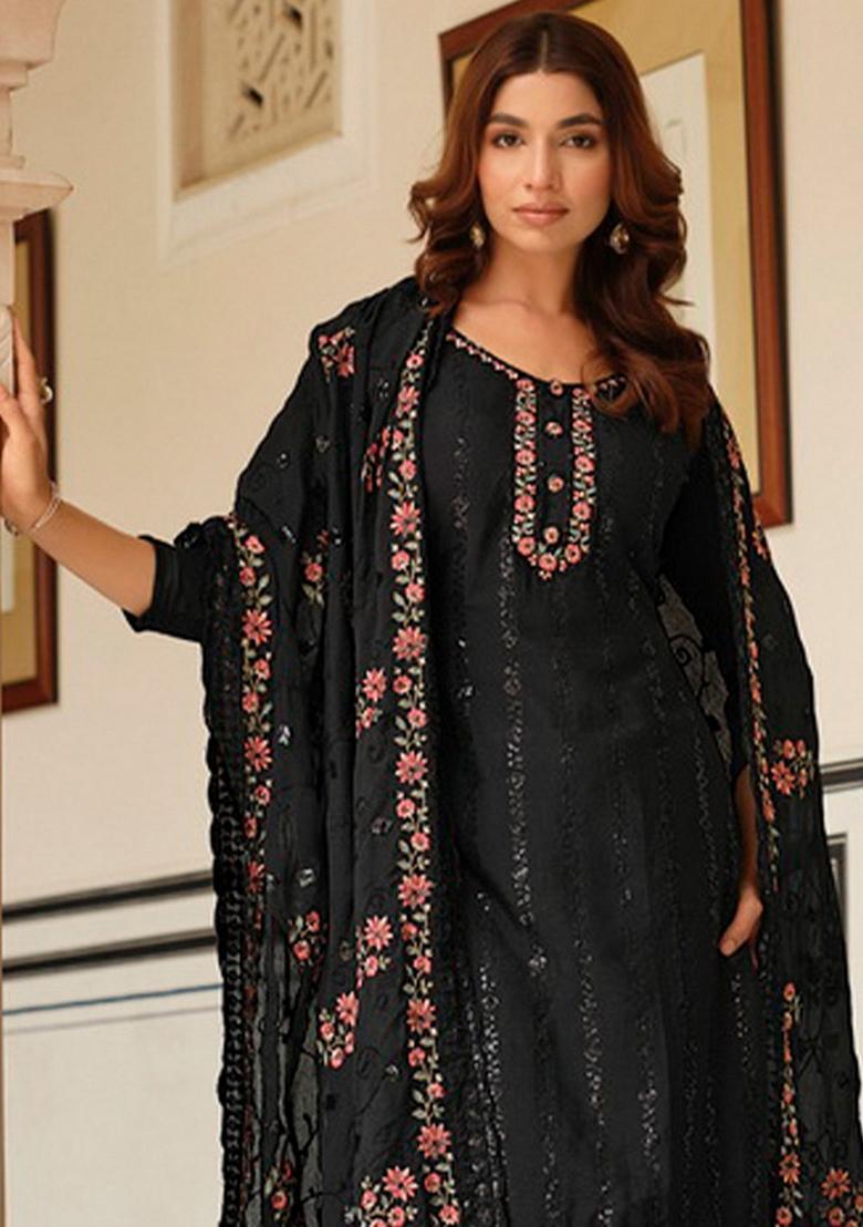 Black Embroidered Art Silk Salwar Kameez With Dupatta