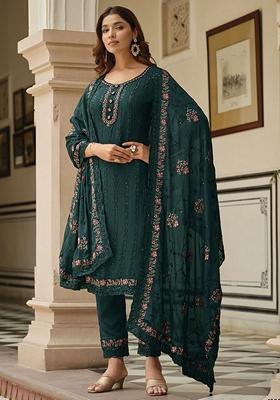 Green Embroidered Art Silk Salwar Kameez With Dupatta