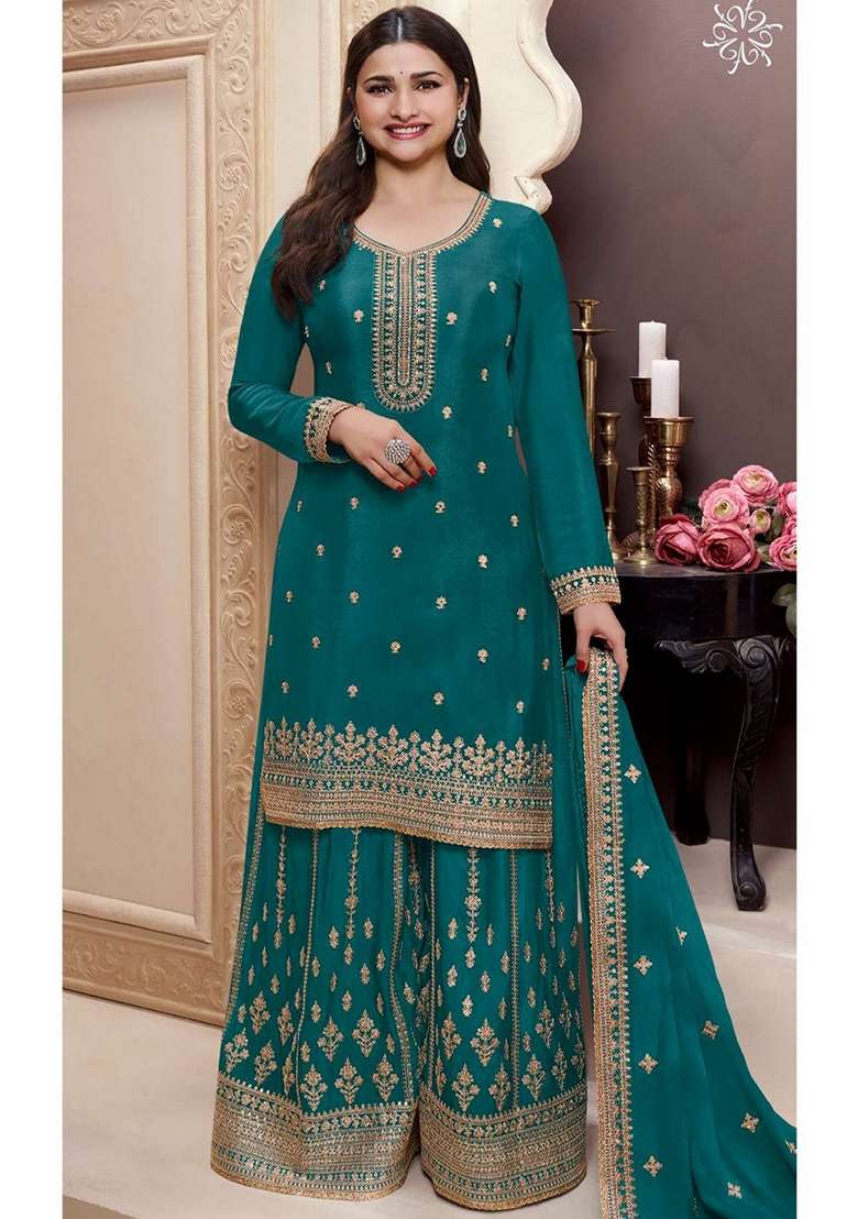 Green Embroidered Art Silk Sharara Set With Dupatta - Indya