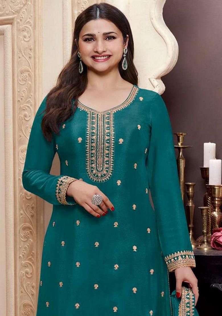 Green Embroidered Art Silk Sharara Set With Dupatta