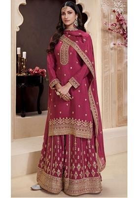 Pink Embroidered Art Silk Sharara Set With Dupatta