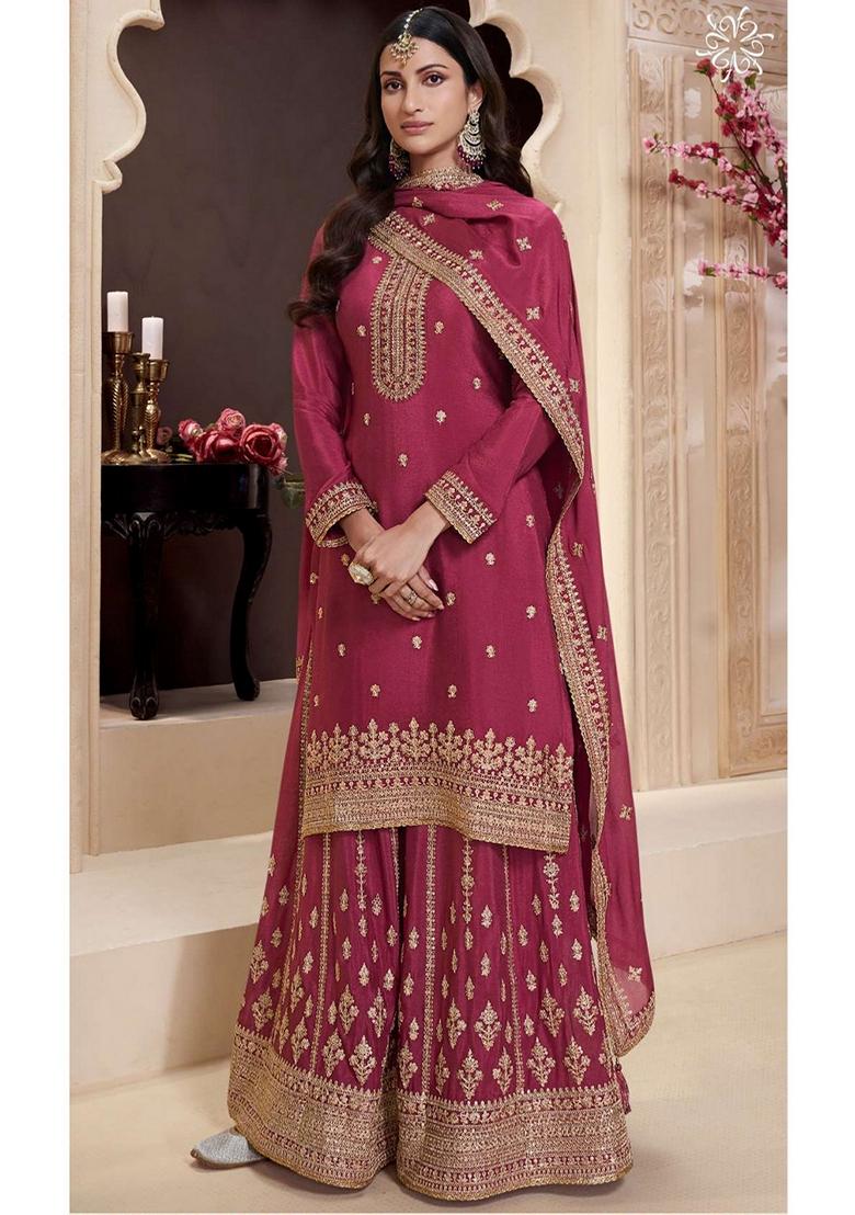 Pink Embroidered Art Silk Sharara Set With Dupatta