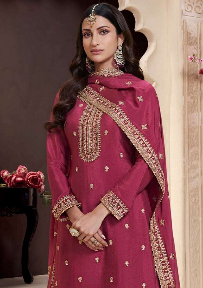 Pink Embroidered Art Silk Sharara Set With Dupatta - Indya