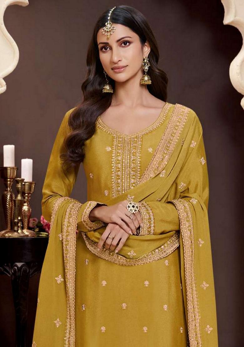 Mustard Yellow Embroidered Art Silk Sharara Set With Dupatta