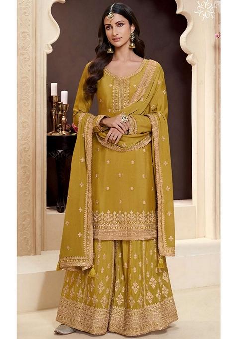 Mustard Yellow Embroidered Art Silk Sharara Set With Dupatta