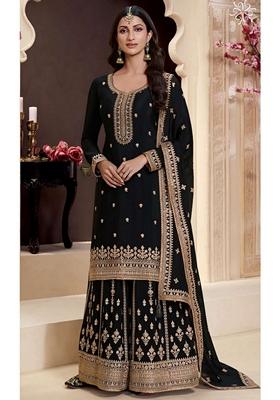 Black Embroidered Art Silk Sharara Set With Dupatta