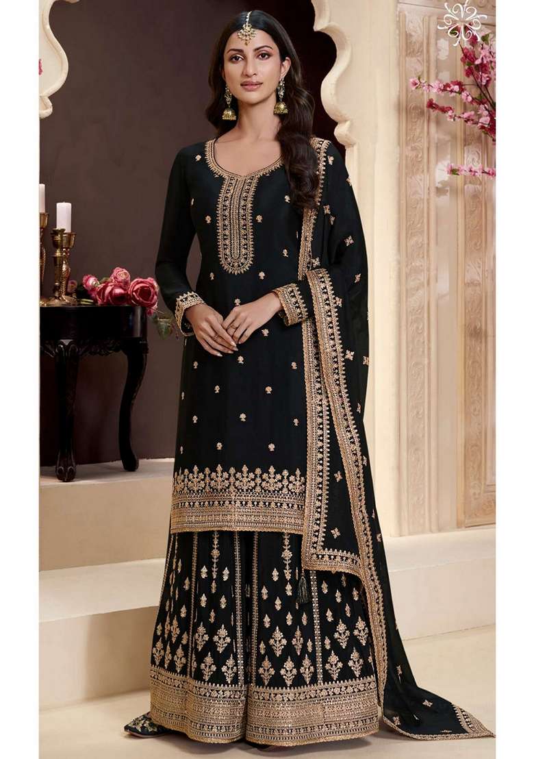 Black Embroidered Art Silk Sharara Set With Dupatta - Indya