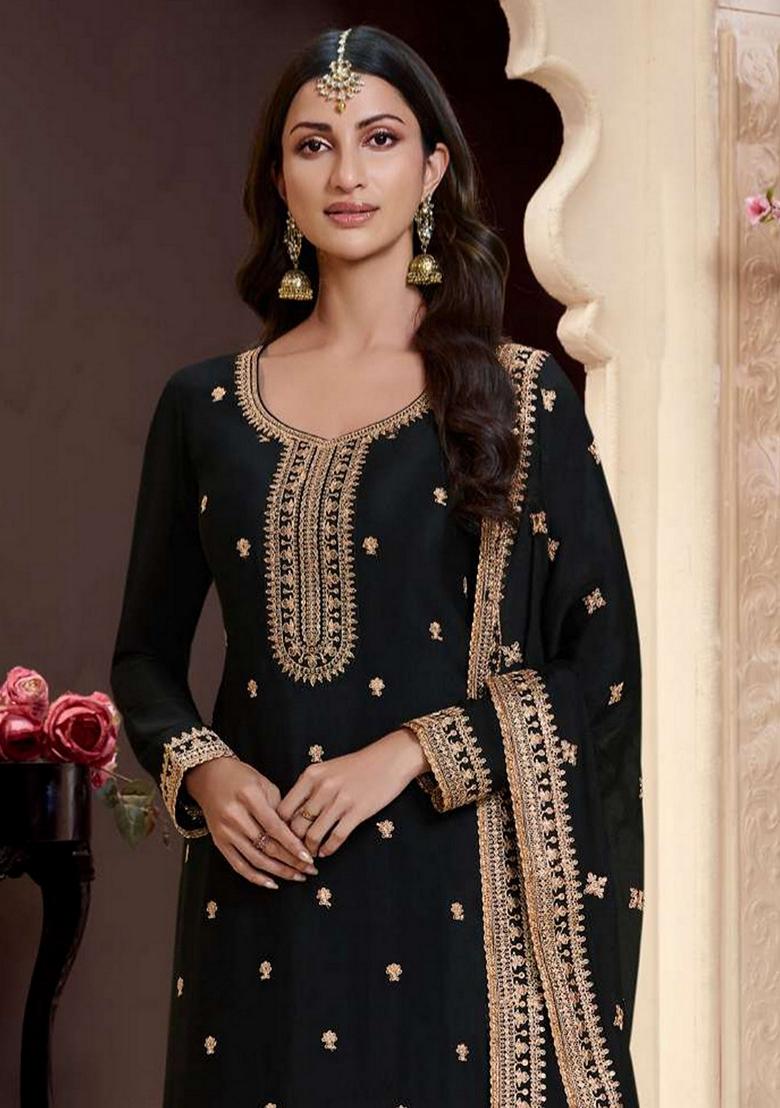 Black Embroidered Art Silk Sharara Set With Dupatta