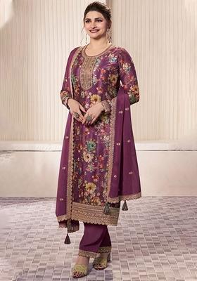 Wine Floral Print Art Silk Salwar Kameez With Dupatta