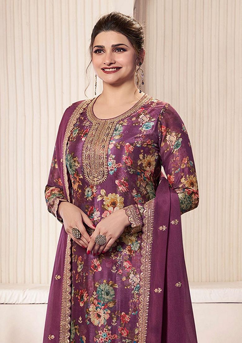 Wine Floral Print Art Silk Salwar Kameez With Dupatta