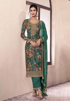 Green Floral Print Art Silk Salwar Kameez With Dupatta