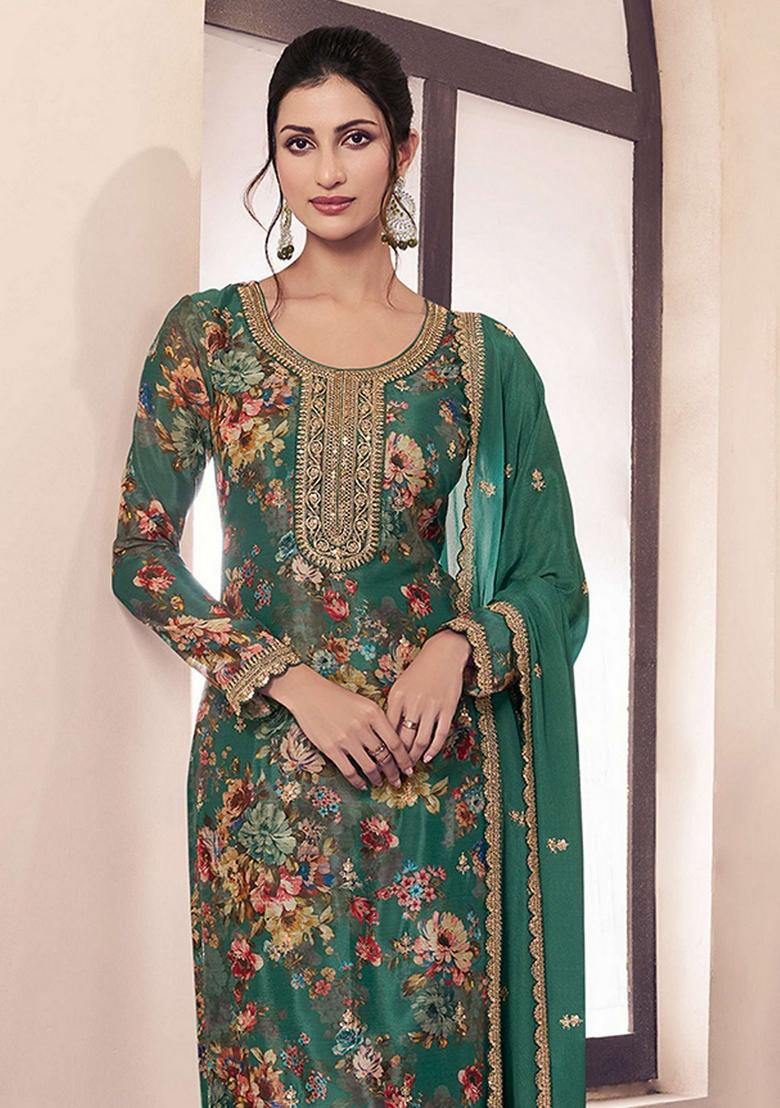Green Floral Print Art Silk Salwar Kameez With Dupatta