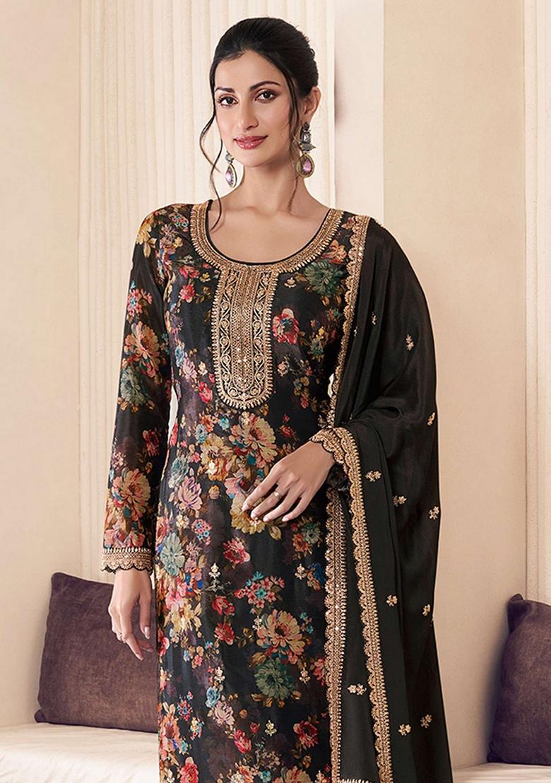 Black Floral Print Art Silk Salwar Kameez With Dupatta