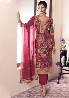 Maroon Floral Print Art Silk Salwar Kameez With Dupatta
