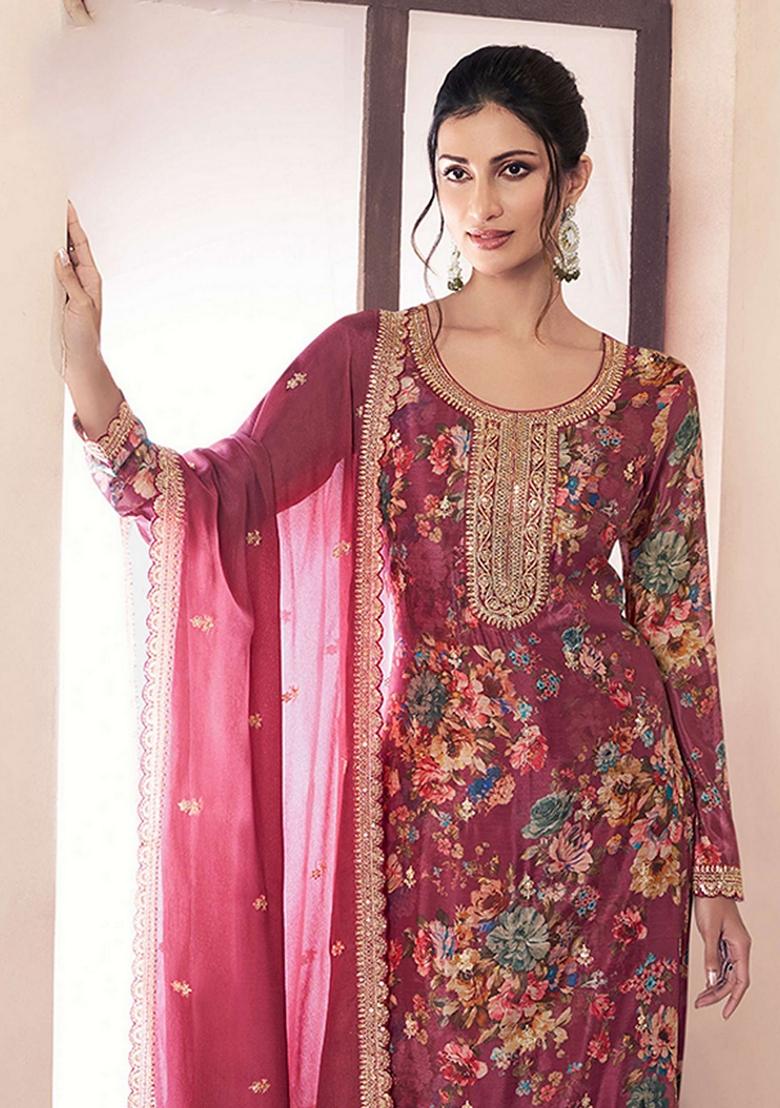 Maroon Floral Print Art Silk Salwar Kameez With Dupatta