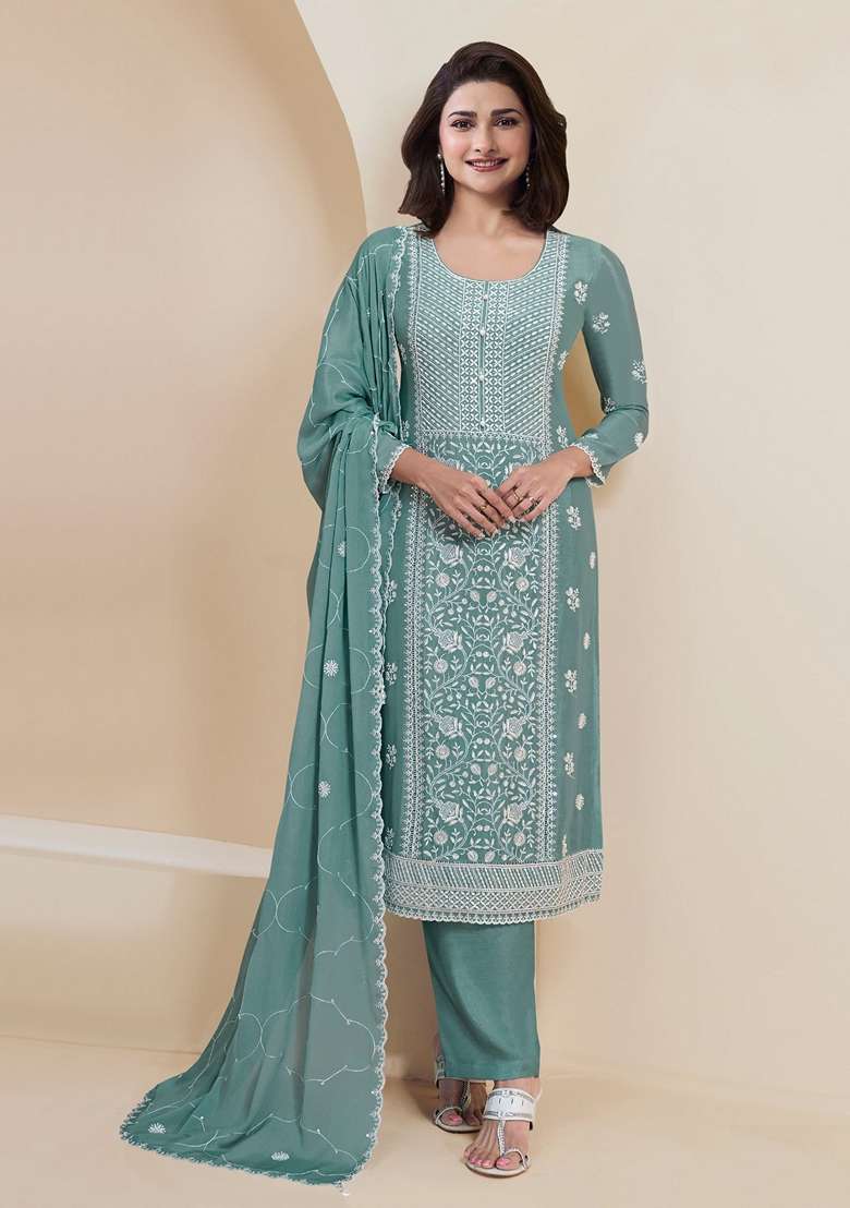 Sky Blue Embroidered Georgette Salwar Kameez With Dupatta - Indya