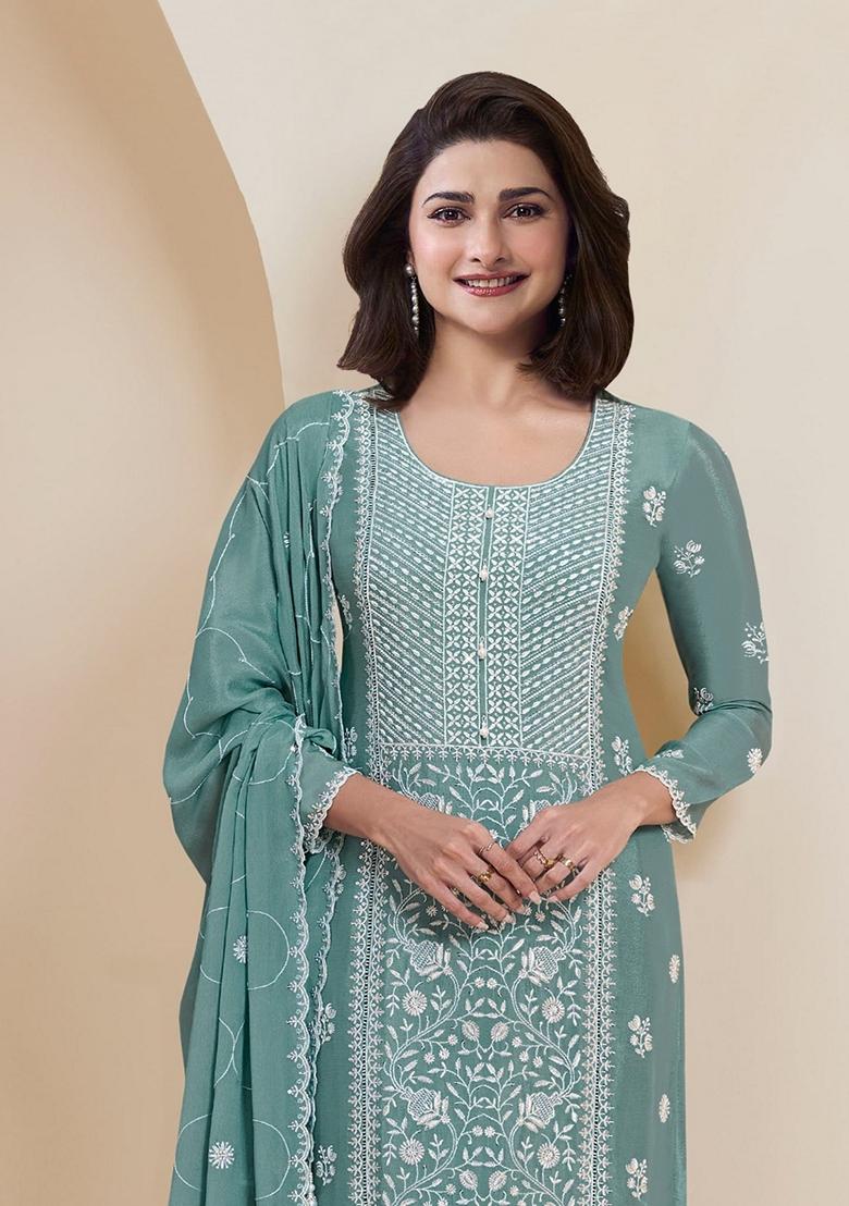 Sky Blue Embroidered Georgette Salwar Kameez With Dupatta