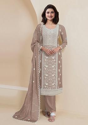 Beige Embroidered Georgette Salwar Kameez With Dupatta