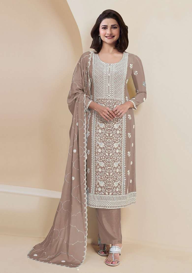 Beige Embroidered Georgette Salwar Kameez With Dupatta - Indya